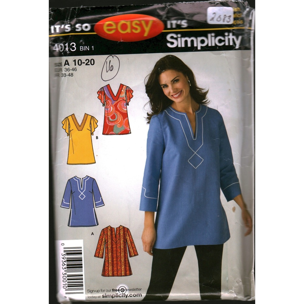 Simplicity 4013 Sewing Pattern Misses Tunic Top V-Neck Flutter Sleeve Size 10-16